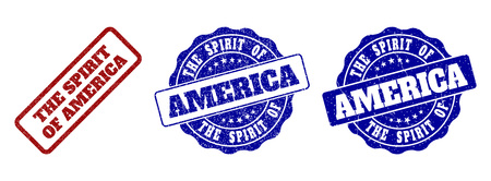 THE SPIRIT OF AMERICA grunge stamp seals in red and blue colors. Vector THE SPIRIT OF AMERICA overlays with grunge style. Graphic elements are rounded rectangles, rosettes, circles and text tags.のイラスト素材