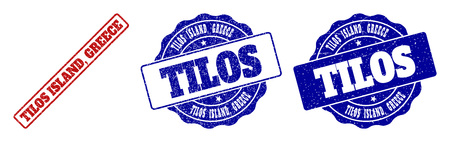 TILOS ISLAND, GREECE scratched stamp seals in red and blue colors. Vector TILOS ISLAND, GREECE imprints with grainy style. Graphic elements are rounded rectangles, rosettes, circles and text titles.のイラスト素材