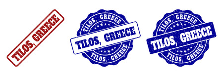 TILOS, GREECE scratched stamp seals in red and blue colors. Vector TILOS, GREECE signs with distress effect. Graphic elements are rounded rectangles, rosettes, circles and text titles.のイラスト素材
