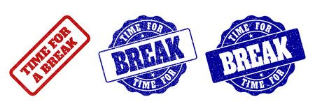 TIME FOR A BREAK grunge stamp seals in red and blue colors. Vector TIME FOR A BREAK labels with grunge effect. Graphic elements are rounded rectangles, rosettes, circles and text labels.のイラスト素材