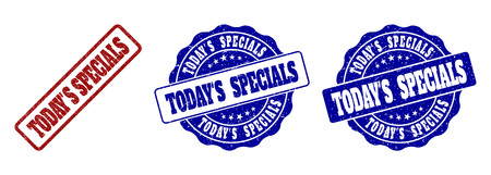 TODAY'S SPECIALS grunge stamp seals in red and blue colors. Vector TODAY'S SPECIALS labels with dirty surface. Graphic elements are rounded rectangles, rosettes, circles and text titles.のイラスト素材