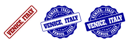 VENICE, ITALY grunge stamp seals in red and blue colors. Vector VENICE, ITALY labels with scratced effect. Graphic elements are rounded rectangles, rosettes, circles and text labels.のイラスト素材