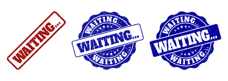 WAITING... scratched stamp seals in red and blue colors. Vector WAITING... signs with distress style. Graphic elements are rounded rectangles, rosettes, circles and text captions.のイラスト素材