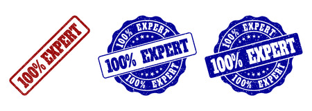 100% EXPERT scratched stamp seals in red and blue colors. Vector 100% EXPERT signs with draft surface. Graphic elements are rounded rectangles, rosettes, circles and text captions.のイラスト素材