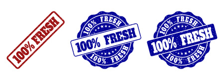 100% FRESH scratched stamp seals in red and blue colors. Vector 100% FRESH labels with grainy style. Graphic elements are rounded rectangles, rosettes, circles and text labels.のイラスト素材