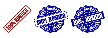 100% KOSHER grunge stamp seals in red and blue colors. Vector 100% KOSHER marks with grainy effect. Graphic elements are rounded rectangles, rosettes, circles and text captions.のイラスト素材