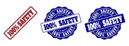100% SAFETY scratched stamp seals in red and blue colors. Vector 100% SAFETY labels with draft style. Graphic elements are rounded rectangles, rosettes, circles and text labels.のイラスト素材
