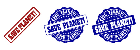 SAVE PLANET! grunge stamp seals in red and blue colors. Vector SAVE PLANET! signs with draft effect. Graphic elements are rounded rectangles, rosettes, circles and text tags.のイラスト素材