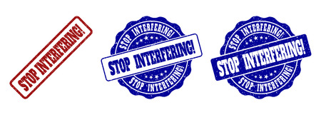 STOP INTERFERING! grunge stamp seals in red and blue colors. Vector STOP INTERFERING! labels with grunge effect. Graphic elements are rounded rectangles, rosettes, circles and text tags.のイラスト素材