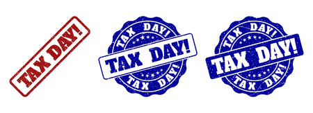 TAX DAY! grunge stamp seals in red and blue colors. Vector TAX DAY! marks with grunge style. Graphic elements are rounded rectangles, rosettes, circles and text titles.のイラスト素材