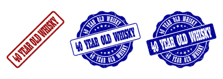 40 YEAR OLD WHISKY scratched stamp seals in red and blue colors. Vector 40 YEAR OLD WHISKY labels with distress style. Graphic elements are rounded rectangles, rosettes, circles and text titles.のイラスト素材