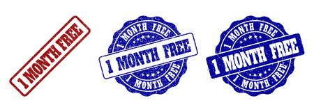 1 MONTH FREE grunge stamp seals in red and blue colors. Vector 1 MONTH FREE watermarks with grunge style. Graphic elements are rounded rectangles, rosettes, circles and text labels.のイラスト素材