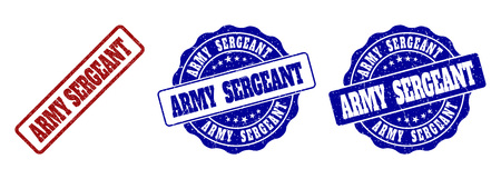 ARMY SERGEANT grunge stamp seals in red and blue colors. Vector ARMY SERGEANT signs with grunge surface. Graphic elements are rounded rectangles, rosettes, circles and text tags.のイラスト素材