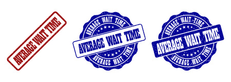 AVERAGE WAIT TIME grunge stamp seals in red and blue colors. Vector AVERAGE WAIT TIME overlays with grunge surface. Graphic elements are rounded rectangles, rosettes, circles and text tags.のイラスト素材