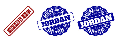 ASSEMBLED IN JORDAN grunge stamp seals in red and blue colors. Vector ASSEMBLED IN JORDAN labels with grunge surface. Graphic elements are rounded rectangles, rosettes, circles and text tags.のイラスト素材