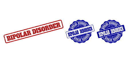 BIPOLAR DISORDER scratched stamp seals in red and blue colors. Vector BIPOLAR DISORDER labels with grainy surface. Graphic elements are rounded rectangles, rosettes, circles and text labels.のイラスト素材
