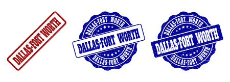 DALLAS-FORT WORTH scratched stamp seals in red and blue colors. Vector DALLAS-FORT WORTH labels with scratced style. Graphic elements are rounded rectangles, rosettes, circles and text labels.のイラスト素材