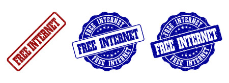 FREE INTERNET grunge stamp seals in red and blue colors. Vector FREE INTERNET labels with grunge surface. Graphic elements are rounded rectangles, rosettes, circles and text tags.のイラスト素材
