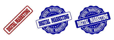 DIGITAL MARKETING scratched stamp seals in red and blue colors. Vector DIGITAL MARKETING watermarks with dirty surface. Graphic elements are rounded rectangles, rosettes, circles and text captions.のイラスト素材