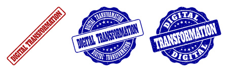 DIGITAL TRANSFORMATION grunge stamp seals in red and blue colors. Vector DIGITAL TRANSFORMATION signs with grunge effect. Graphic elements are rounded rectangles, rosettes, circles and text tags.のイラスト素材