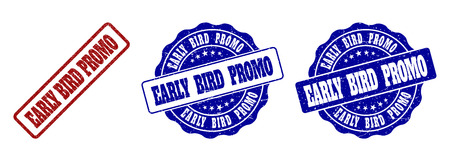 EARLY BIRD PROMO grunge stamp seals in red and blue colors. Vector EARLY BIRD PROMO signs with grunge effect. Graphic elements are rounded rectangles, rosettes, circles and text labels.のイラスト素材