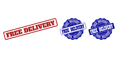 FREE DELIVERY scratched stamp seals in red and blue colors. Vector FREE DELIVERY signs with scratced texture. Graphic elements are rounded rectangles, rosettes, circles and text titles.のイラスト素材