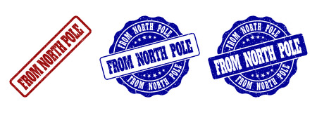 FROM NORTH POLE scratched stamp seals in red and blue colors. Vector FROM NORTH POLE labels with grunge style. Graphic elements are rounded rectangles, rosettes, circles and text captions.のイラスト素材