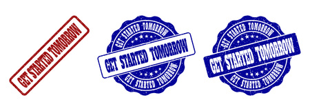 GET STARTED TOMORROW grunge stamp seals in red and blue colors. Vector GET STARTED TOMORROW signs with grunge effect. Graphic elements are rounded rectangles, rosettes, circles and text titles.のイラスト素材