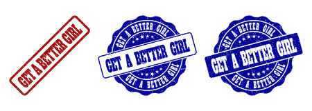 GET A BETTER GIRL grunge stamp seals in red and blue colors. Vector GET A BETTER GIRL labels with dirty texture. Graphic elements are rounded rectangles, rosettes, circles and text labels.のイラスト素材