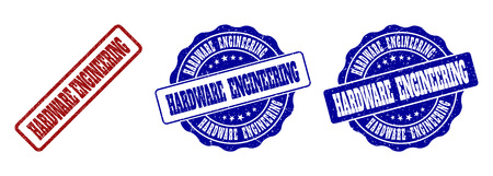 HARDWARE ENGINEERING grunge stamp seals in red and blue colors. Vector HARDWARE ENGINEERING labels with scratced style. Graphic elements are rounded rectangles, rosettes, circles and text labels.のイラスト素材