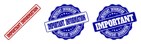 IMPORTANT INFORMATION grunge stamp seals in red and blue colors. Vector IMPORTANT INFORMATION labels with grunge effect. Graphic elements are rounded rectangles, rosettes, circles and text labels.のイラスト素材