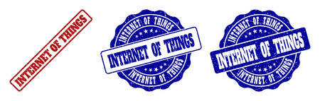 INTERNET OF THINGS grunge stamp seals in red and blue colors. Vector INTERNET OF THINGS imprints with distress texture. Graphic elements are rounded rectangles, rosettes, circles and text tags.のイラスト素材