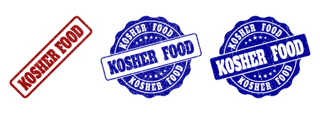 KOSHER FOOD scratched stamp seals in red and blue colors. Vector KOSHER FOOD marks with distress effect. Graphic elements are rounded rectangles, rosettes, circles and text captions.のイラスト素材