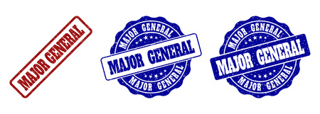 MAJOR GENERAL scratched stamp seals in red and blue colors. Vector MAJOR GENERAL labels with grainy effect. Graphic elements are rounded rectangles, rosettes, circles and text labels.のイラスト素材