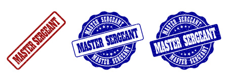 MASTER SERGEANT grunge stamp seals in red and blue colors. Vector MASTER SERGEANT imprints with grunge style. Graphic elements are rounded rectangles, rosettes, circles and text tags.のイラスト素材