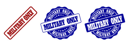 MILITARY ONLY scratched stamp seals in red and blue colors. Vector MILITARY ONLY labels with grainy style. Graphic elements are rounded rectangles, rosettes, circles and text labels.のイラスト素材