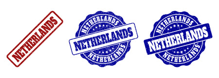NETHERLANDS grunge stamp seals in red and blue colors. Vector NETHERLANDS watermarks with grunge surface. Graphic elements are rounded rectangles, rosettes, circles and text tags.のイラスト素材