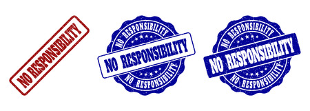 NO RESPONSIBILITY grunge stamp seals in red and blue colors. Vector NO RESPONSIBILITY signs with grunge effect. Graphic elements are rounded rectangles, rosettes, circles and text captions.のイラスト素材