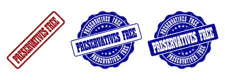 PRESERVATIVES FREE grunge stamp seals in red and blue colors. Vector PRESERVATIVES FREE labels with grainy style. Graphic elements are rounded rectangles, rosettes, circles and text labels.のイラスト素材