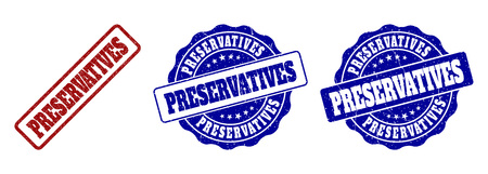 PRESERVATIVES grunge stamp seals in red and blue colors. Vector PRESERVATIVES marks with grunge effect. Graphic elements are rounded rectangles, rosettes, circles and text titles.のイラスト素材