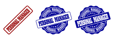 PERSONAL MANAGER scratched stamp seals in red and blue colors. Vector PERSONAL MANAGER labels with dirty style. Graphic elements are rounded rectangles, rosettes, circles and text labels.のイラスト素材