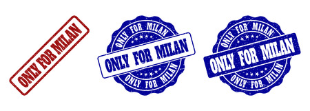 ONLY FOR MILAN scratched stamp seals in red and blue colors. Vector ONLY FOR MILAN labels with grainy style. Graphic elements are rounded rectangles, rosettes, circles and text labels.のイラスト素材