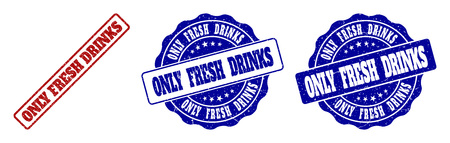 ONLY FRESH DRINKS grunge stamp seals in red and blue colors. Vector ONLY FRESH DRINKS labels with grunge texture. Graphic elements are rounded rectangles, rosettes, circles and text tags.のイラスト素材
