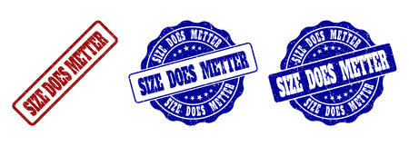 SIZE DOES METTER grunge stamp seals in red and blue colors. Vector SIZE DOES METTER imprints with grunge texture. Graphic elements are rounded rectangles, rosettes, circles and text labels.のイラスト素材