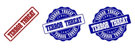 TERROR THREAT grunge stamp seals in red and blue colors. Vector TERROR THREAT marks with distress effect. Graphic elements are rounded rectangles, rosettes, circles and text tags.のイラスト素材