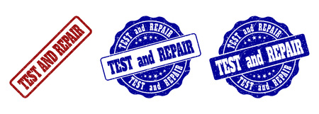 TEST AND REPAIR grunge stamp seals in red and blue colors. Vector TEST AND REPAIR imprints with grunge surface. Graphic elements are rounded rectangles, rosettes, circles and text labels.のイラスト素材