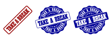TAKE A BREAK grunge stamp seals in red and blue colors. Vector TAKE A BREAK labels with grunge effect. Graphic elements are rounded rectangles, rosettes, circles and text titles.のイラスト素材