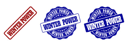 WINTER POWER scratched stamp seals in red and blue colors. Vector WINTER POWER watermarks with grainy texture. Graphic elements are rounded rectangles, rosettes, circles and text titles.のイラスト素材