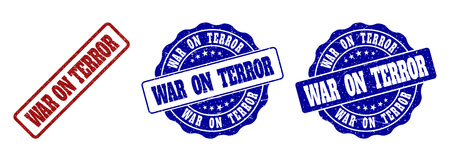WAR ON TERROR grunge stamp seals in red and blue colors. Vector WAR ON TERROR labels with draft style. Graphic elements are rounded rectangles, rosettes, circles and text labels.のイラスト素材