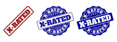 X-RATED grunge stamp seals in red and blue colors. Vector X-RATED labels with draft effect. Graphic elements are rounded rectangles, rosettes, circles and text labels.のイラスト素材